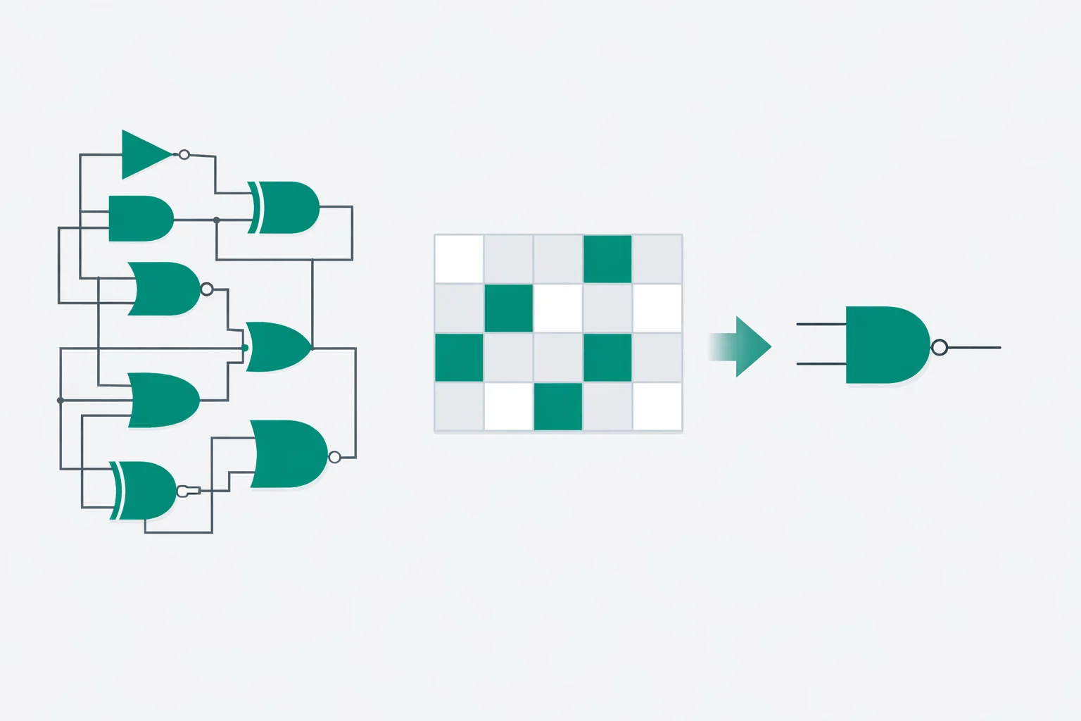 Boolean Algebra Simplifier - Step-by-Step Expression Reduction with K-Map Boolean algebra simplifier reducing a logic expression to its minimal SOP form with a Karnaugh map and gate-count chart.
