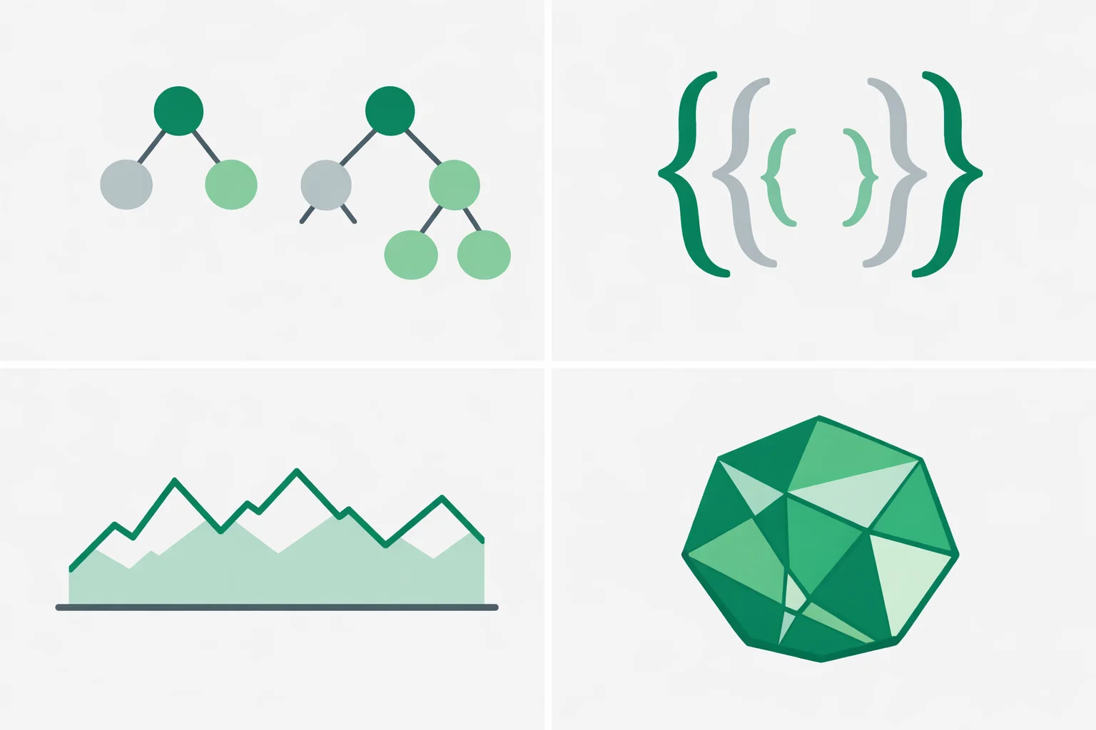 Catalan Number Calculator illustration showing binary trees, balanced parentheses, a mountain-range path and a triangulated polygon