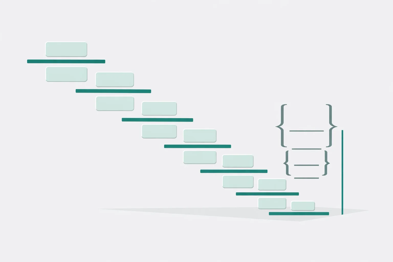 Continued fraction calculator illustration: nested fraction bars stepping down a staircase, with brackets closing in on a target line