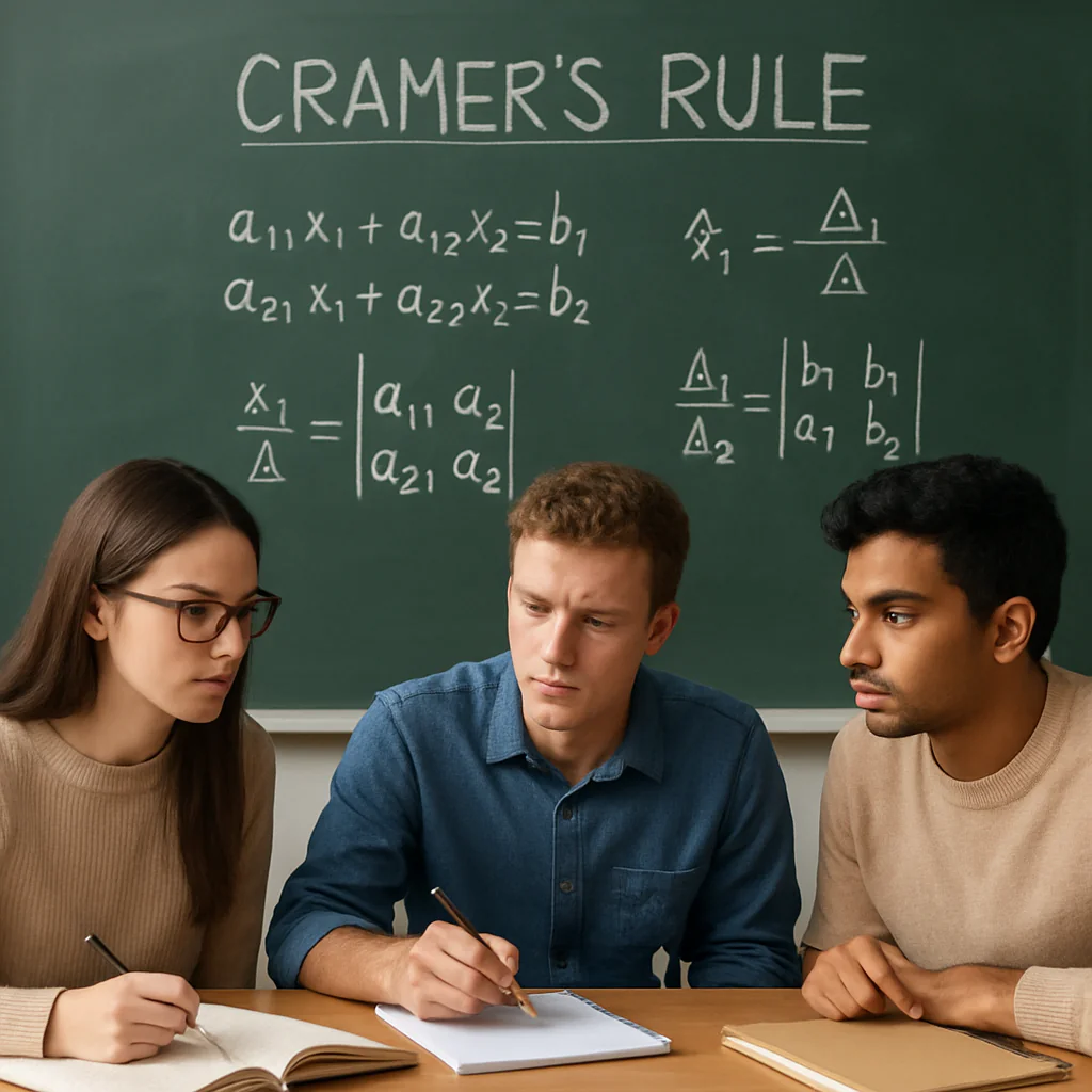 Professional Cramers Rule Calculator interface showing matrix determinant tools for solving linear systems Ax=b with step-by-step calculation analysis.