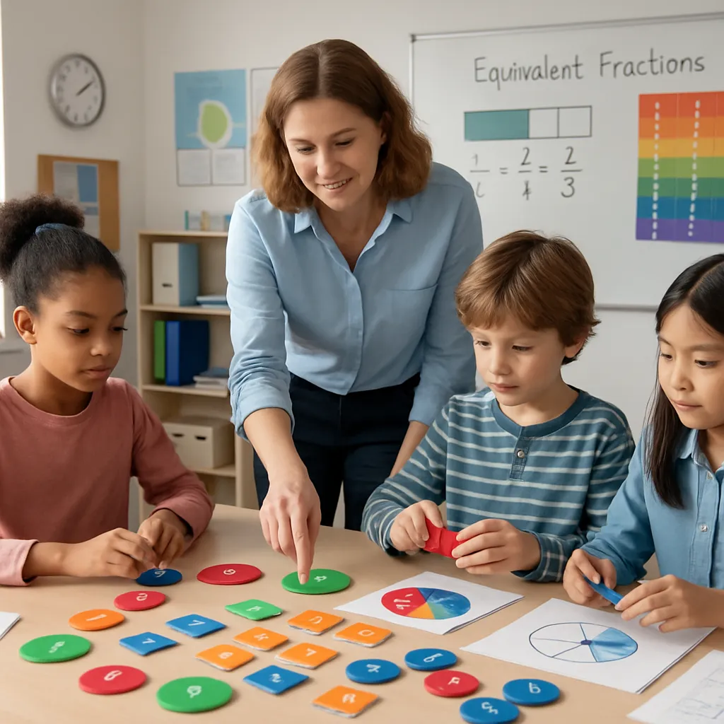 Equivalent Fractions Calculator - Find Equal Ratios 2025 Equivalent Fractions Calculator - Find Equal Ratios tool showing diverse students in classroom working with fraction manipulatives and visual fraction models