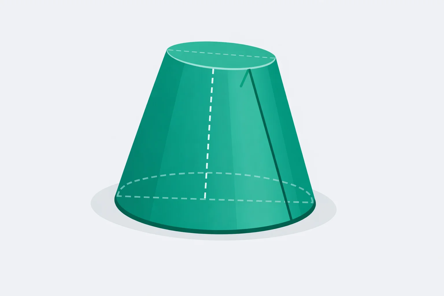 Frustum calculator diagram of a truncated cone showing the bottom radius, top radius, vertical height and slant height dimension lines