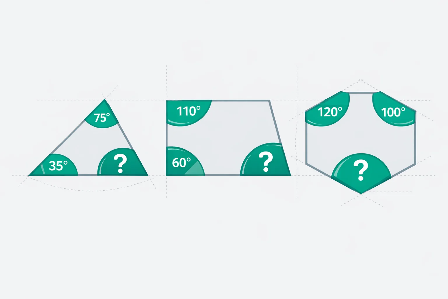 Missing Angle Calculator showing unknown angles being solved in triangles and polygons with step-by-step geometric solutions