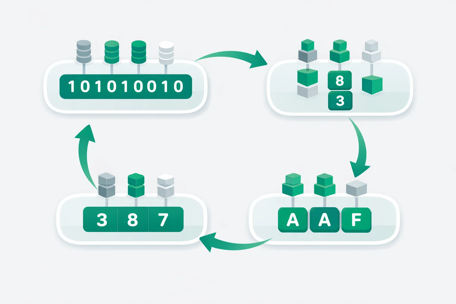 Number base converter showing one value rewritten in binary, octal, decimal and hexadecimal with conversion arrows.