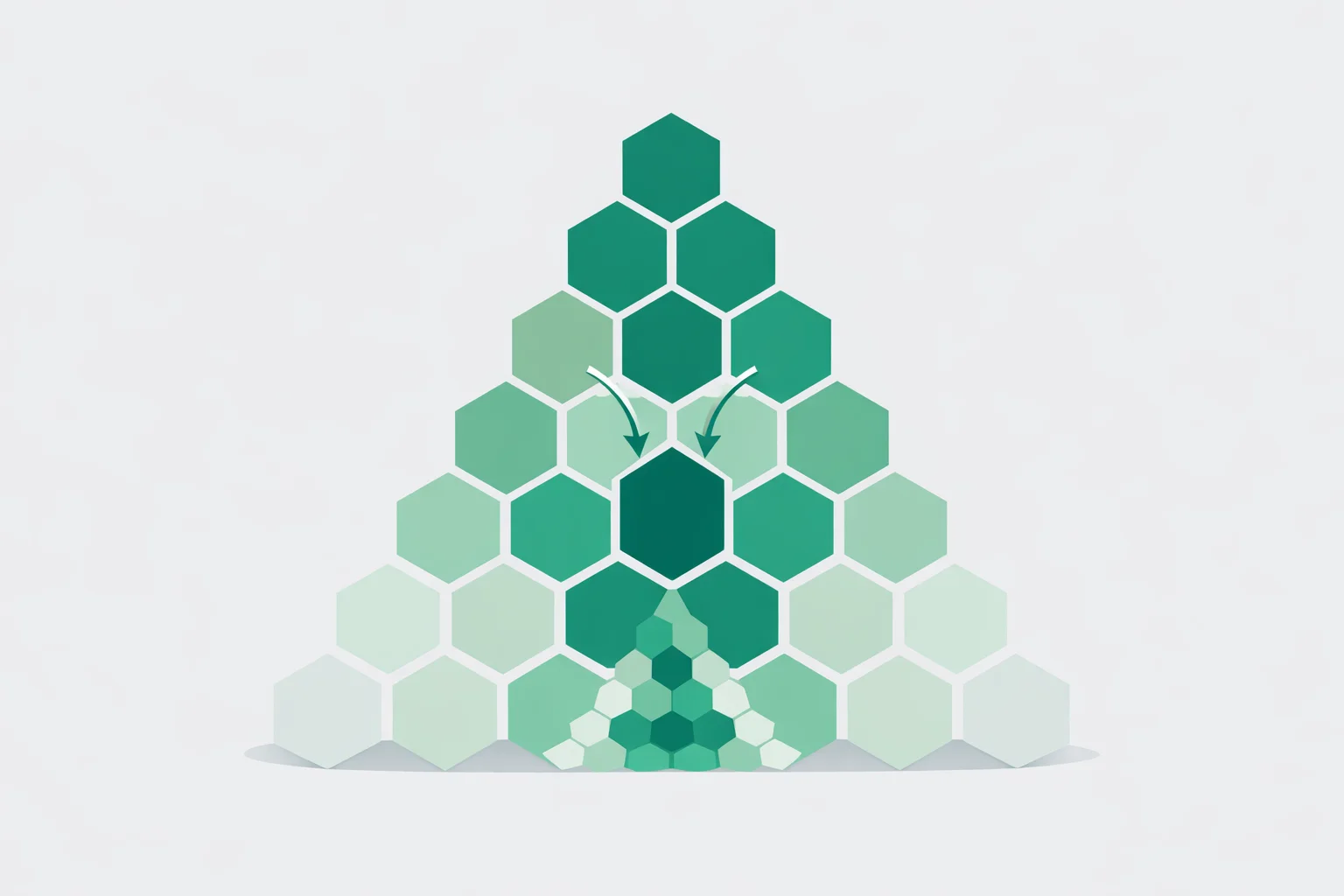Pascal's Triangle Calculator showing seven rows of hexagonal tiles, with two adjacent entries adding to the tile directly beneath them