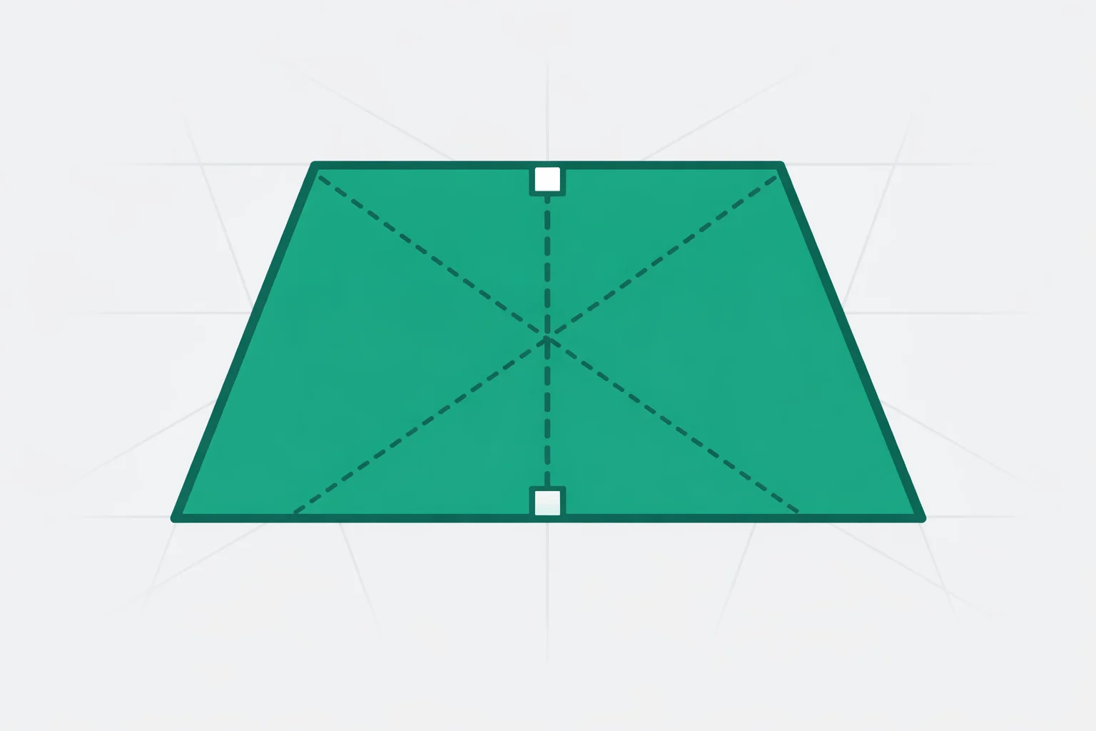Trapezoid Calculator diagram with both parallel bases labelled, the dashed perpendicular height between them, and both diagonals drawn